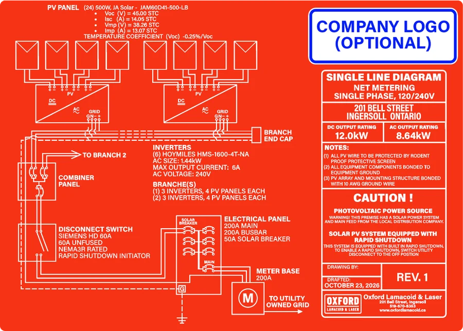 OLL-SOL-001: Single line diagram plate, white text on red lamacoid