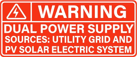 OLL-SOL-010: WARNING Dual power supply (sources: utility grid and PV solar electric system), white text on red lamacoid
