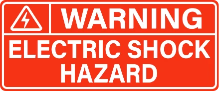 OLL-SOL-012: WARNING Electric shock hazard, white text on red lamacoid