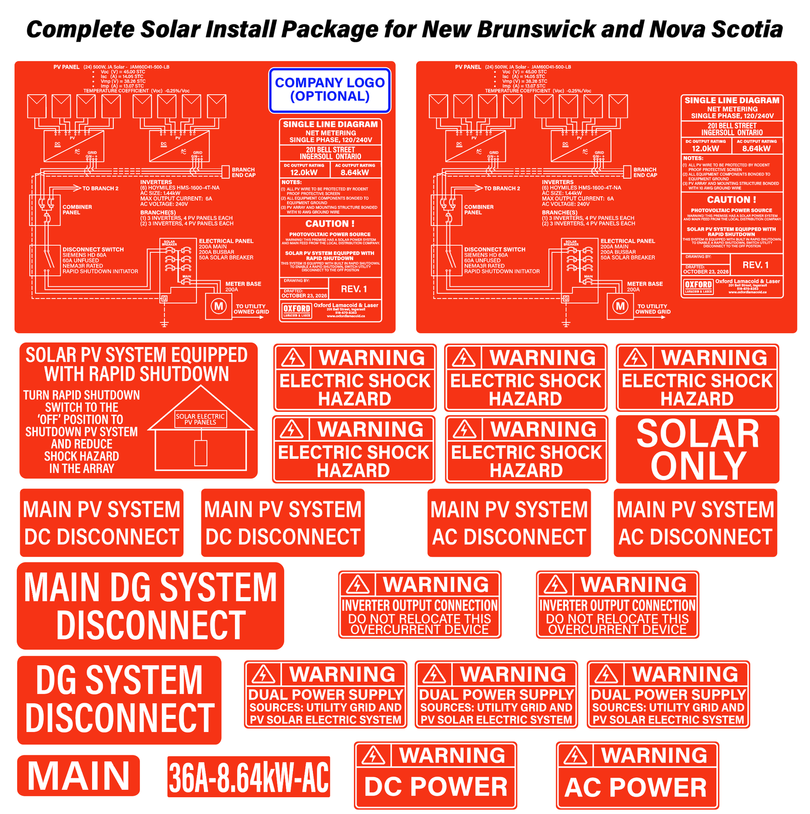 Complete solar install package for New Brunswick and Nova Scotia: 24 lamacoid plates plus 2 logo lamacoids.