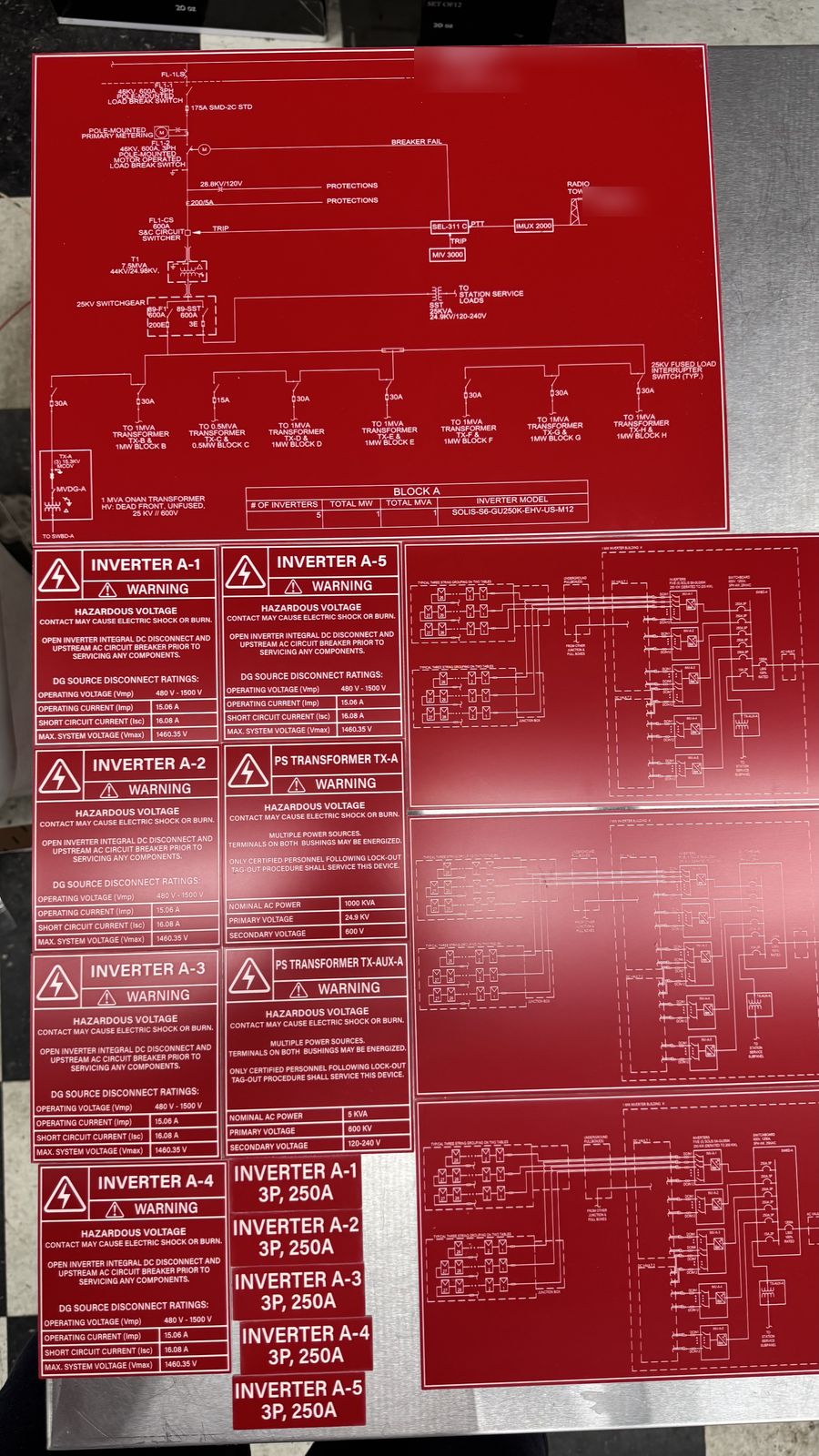 Large red lamacoid single-line diagram, warning plates and equipment tags for a commercial solar site